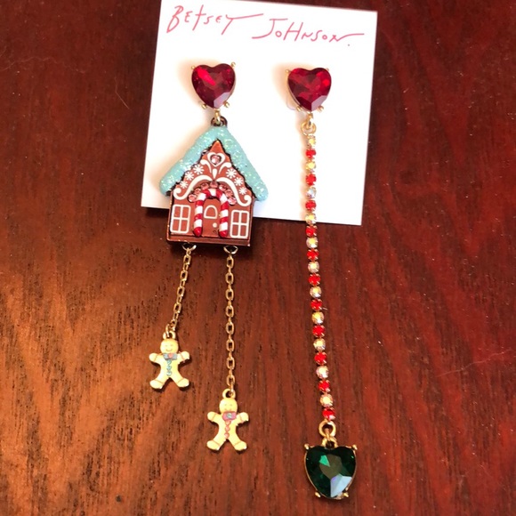 Betsey Johnson Jingle Bell Bling Gingerbread House Heart Mismatch Drop Earrings - Picture 10 of 14